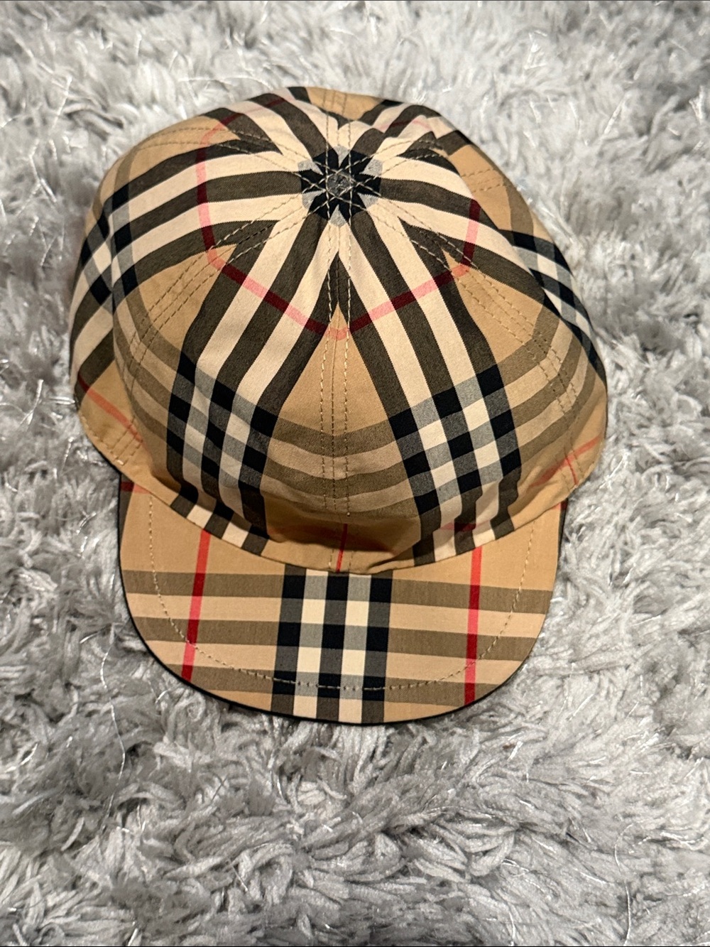 Burberry Beige Nova Check Baseball Cap with Black and Red Stripe